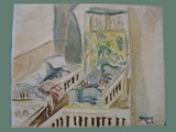 Watercolor Painting by Helga Wolfenstein of Babies in Cribs at Theresienstadt