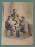 Watercolor Painting by Helga Wolfenstein of Card Players at Theresienstadt