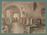 Watercolor Painting by Helga Wolfenstein of the Kitchen at Theresienstadt