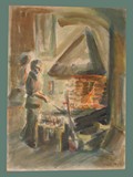 Watercolor Painting by Helga Wolfenstein of the Blacksmith at Theresienstadt