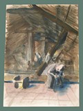 Watercolor Painting by Helga Wolfenstein of a Solitary Figure Under the Rafters at Theresienstadt