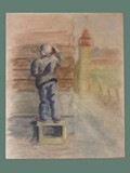 Watercolor Painting by Helga Wolfenstein of Boy on a Box at Theresienstadt