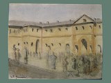 Watercolor Painting by Helga Wolfenstein of the Courtyard at Theresienstadt