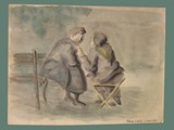 Watercolor Painting by Helga Wolfenstein of Females Sitting at Theresienstadt