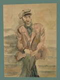 Watercolor Painting by Helga Wolfenstein of a Psychiatric Ward Male Sitting at Theresienstadt