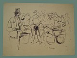 Drawing by Peter Kien / Petr Kien of People Getting Food at Theresienstadt