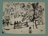 Drawing by Peter Kien / Petr Kien of People Sharing a Bench Under a Tree at Theresienstadt