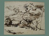 Drawing by Peter Kien / Petr Kien of a Landscape with a Dramatic Sky at Theresienstadt