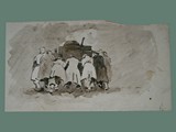 Watercolor Painting by Peter Kien / Petr Kien of Men Pushing a Tank at Theresienstadt