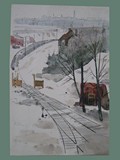 Watercolor Painting by Jospier / Jo Spier of Winter Railroad Tracks at Theresienstadt