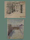Drawing and Watercolor Painting by Helga Wolfenstein of Courtyard at Theresienstadt 
