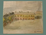 Watercolor Painting by Helga Wolfenstein of Courtyard at Theresienstadt