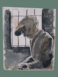 Watercolor Painting by Helga Wolfenstein of a Silhouetted Male at Theresienstadt