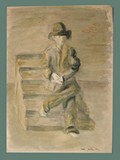 Watercolor Painting by Helga Wolfenstein of 'Cvok' a Man Sitting at Theresienstadt